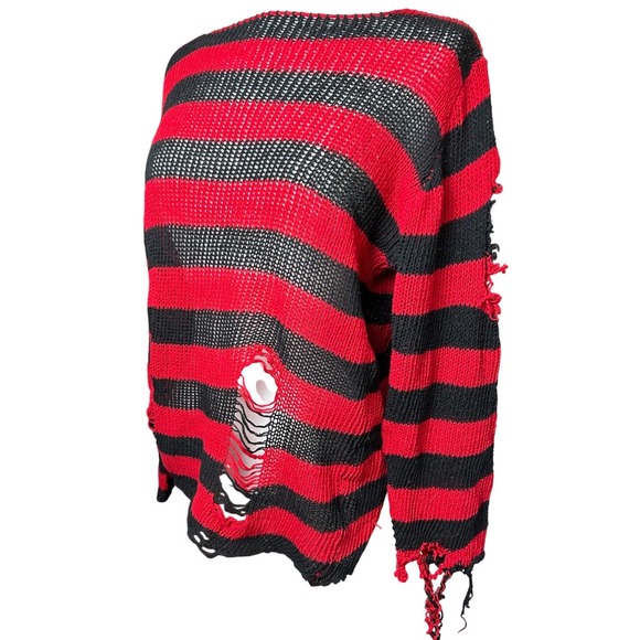 SHEIN Sweaters - SHEIN Red Black Striped Distressed Loose Knit Punk Grunge Sweater Womens Small